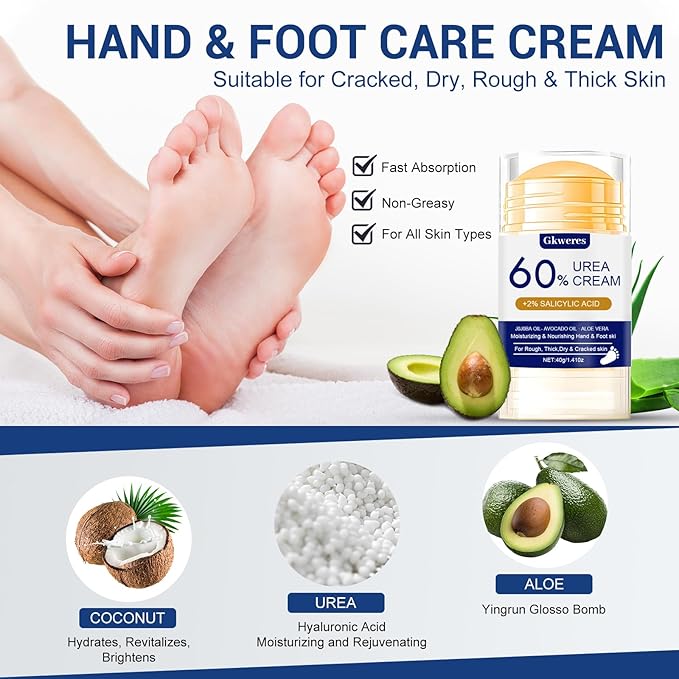 60% Urea Plus 2% Salicylic, Acid Foot Cream, Heel Balm Stick Aloe Vera, Urea Foot Cream, Nourish Foot Care, Heel Stick for Cracked Feet Hands, Knees, Hydrates & Exfoliates