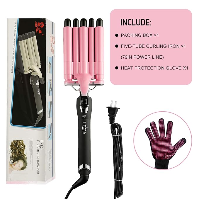 Hair Curling Iron 5 Barrel Hair Crimper 16mm Curling Wand Two-Gear Temperature Adjustable Ceramic Curler Curling Iron Waver with Heat Resistant Gloves