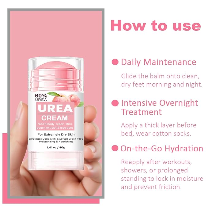 60% Urea Cream plus 2% Salicylic Acid - Maximum Strength Foot Cream for Dry Cracked Heels, Callus Remover, Dead Skin Exfoliator, Peach Scent Moisturizing Lotion for Hands, Knees, Elbows - 1.41oz