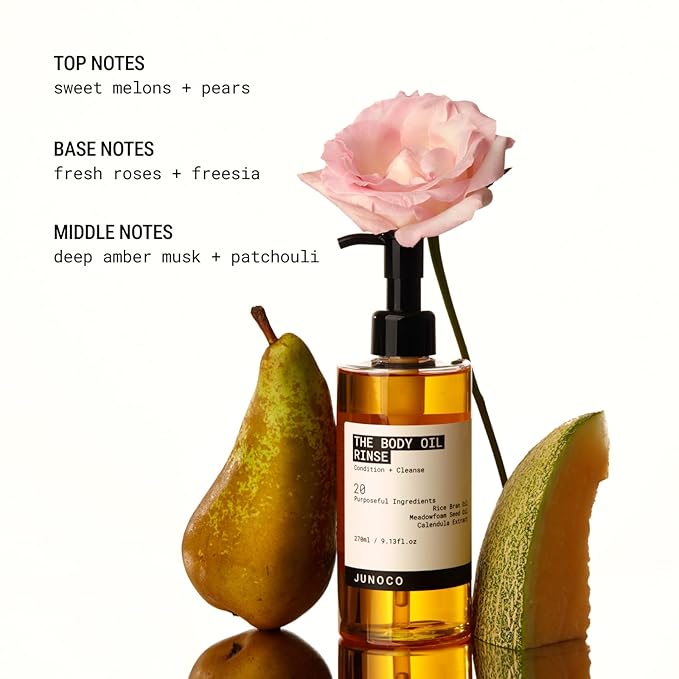 JUNO & Co. Body Oil Rinse, Shower Oil with with Rice Bran, Meadowfoam Seed & Calendula, Hydrating, Balancing & Skin-Softening Body Wash for Women/Men 9.13 fl oz