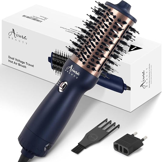 Aima Beauty Worldwide Travel Hair Dryer Brush 110-240V Dual Voltage Blow Dryer Brush Hot Air Brush Oval Barrel 360° Hot Airflow, Negative Ionic Frizz-Free Dry/Straightening/Voluming,Prussian Blue
