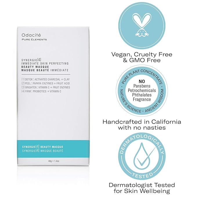 Odacité Acne Cream for Face - 4-in-1 Powder Masque Synergie 4 - Detoxifying Facial Mask with Clay & Charcoal, Clay Mask Detox for Pores and Blackheads, 1.41 oz