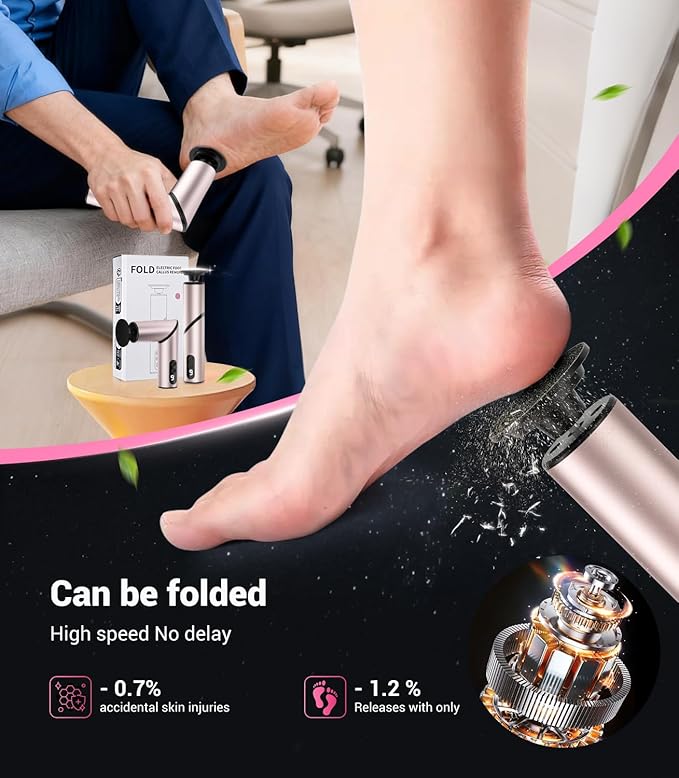 5-in-1 Professional Electric Callus Remover for Feet(Portable & Foldable), Removes 99.92% of Calluses in 3 Mins, Eectric Foot Callus Remover Pedicure Kits with 10 & 40 Grit Pads for Smooth Feet, Pink