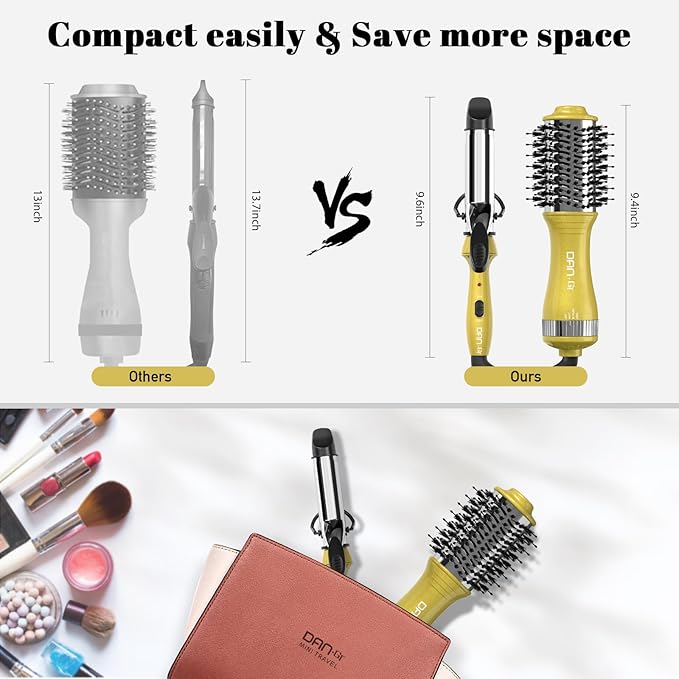 DAN Technology Hair Dryer Brush & Mini Curling Wand Set - 1 Inch Travel Set with 3 Temperature Settings - Hot Air Brush for Drying, Styling, Curling, and Volumizing