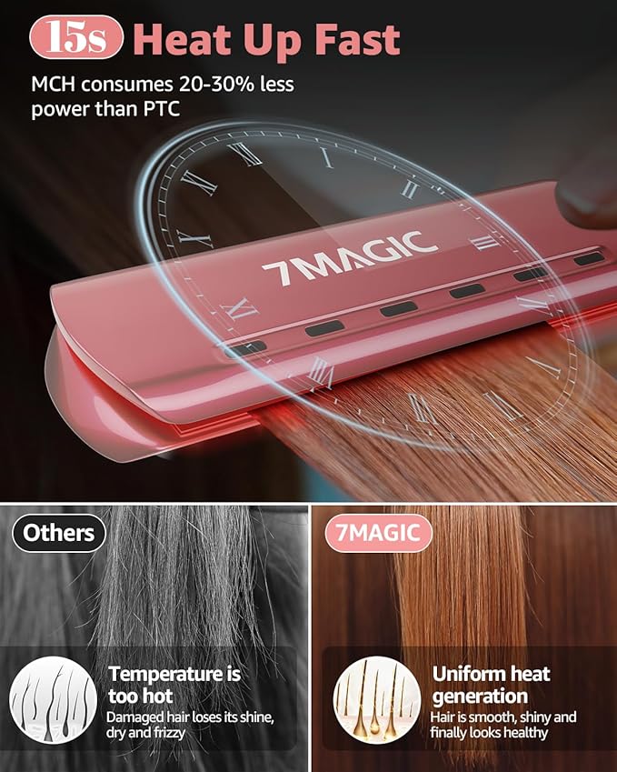 Temp, MCH Fast Straightening Iron, Hair Iron with Dual Voltage, Pink