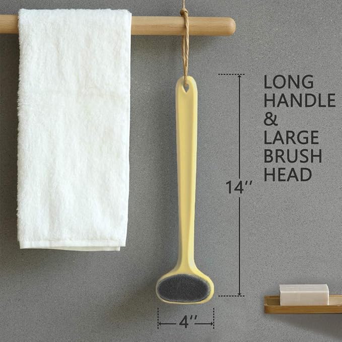 Upgraded Bath Body Brush with Comfy Bristles Long Handle Gentle Exfoliation Improve Skin's Health and Beauty Bath Shower Wet or Dry Brushing Body Brush (14 inch, Gold)