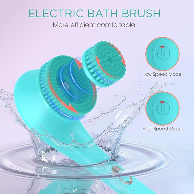 VOYOR Electric Body Brush Back Scrubber Silicone Body Scrubber Two-Way Rotating Brush Head for Deep Cleaning, Exfoliation, 4 Attachments Long Handle IPX6 Rechargeable Shower Brush BC300 (Blue)