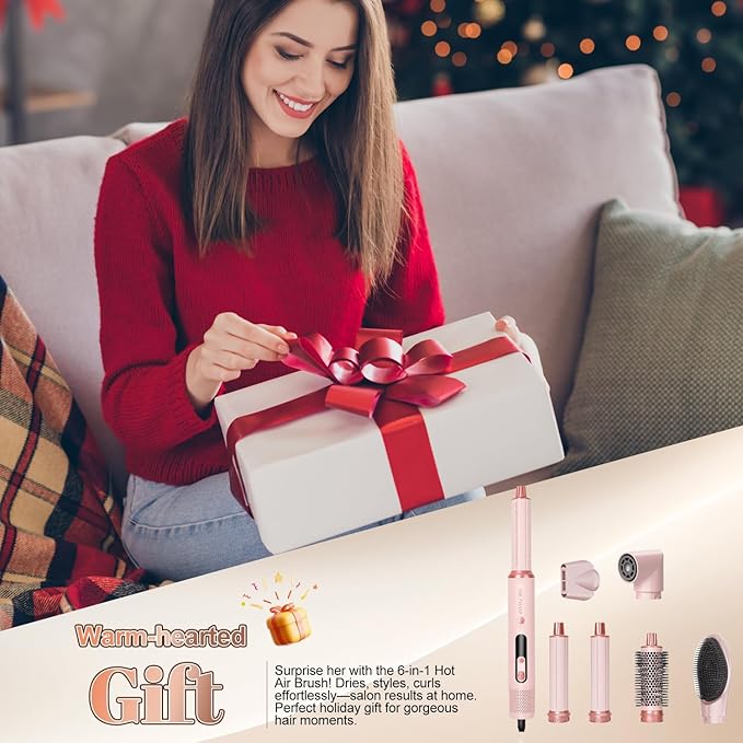 6 in 1 Hot Air Styler & Hair Dryer Brush, Multi-Styler High-Speed Negative Ionic Wrap Air Hair Styler for Curling, Fast Dry, Straightening - Versatile Hair Styling Tool at Home, Holiday Gift for Women