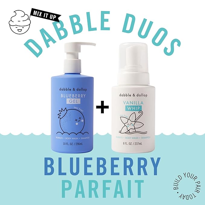 Dabble & Dollop Blueberry + Vanilla Body Wash & Shampoo – 3-in-1 Natural Bubble Bath for Kids, No Parabens or Sulfates, Vegan, Gluten-Free, Tear-Free (2-Pack)