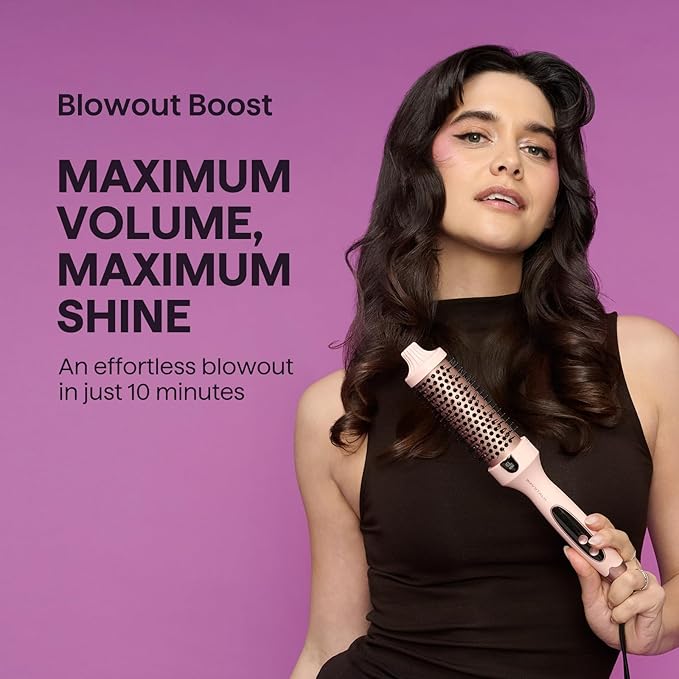 Wavytalk Thermal Brush, Blowout Boost 1.5 inch Heated Round Brush for Blowout Look, Negative Ion Technology, Ceramic Tourmaline, 5 Temperature Settings, Dual Voltage, Purple, Less Damage