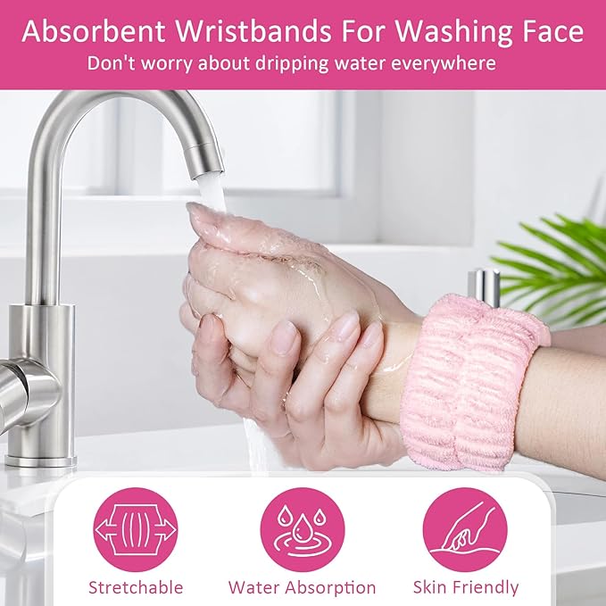 Facial Cleansing Brush 2 in 1, Silicone Face Scrubber Dual Face Brush for Deep Pore Cleansing and Exfoliating, Skincare Headband and Wristbands Set for Washing Face, Massaging Spa Makeup, Pink