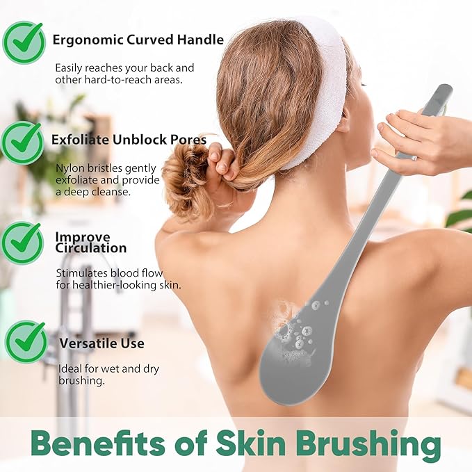 Back Scrubber for Shower, 17-Inch Shower Brush for Men and Women, Long Handle Exfoliating Body Brush, Medium Bristle Stiffness for Dry or Wet Brushing (Deep Gray)