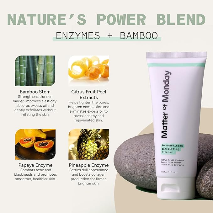 Pore Minimizing Face Wash - Exfoliating Cleanser with Fruit Enzymes & Bamboo - Daily Facial Cleanser for Oily Acne Prone Skin - Deep Pore Cleanser