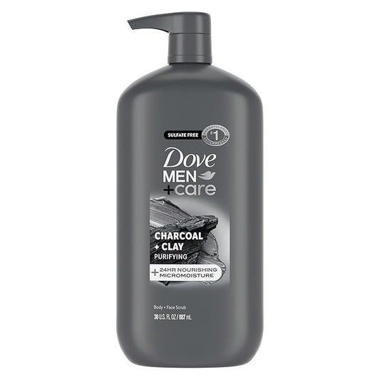DOVE MEN + CARE Body and Face Scrub Charcoal + Clay Body Wash for Men with 24-Hour Nourishing Micromoisture Technology 30 oz