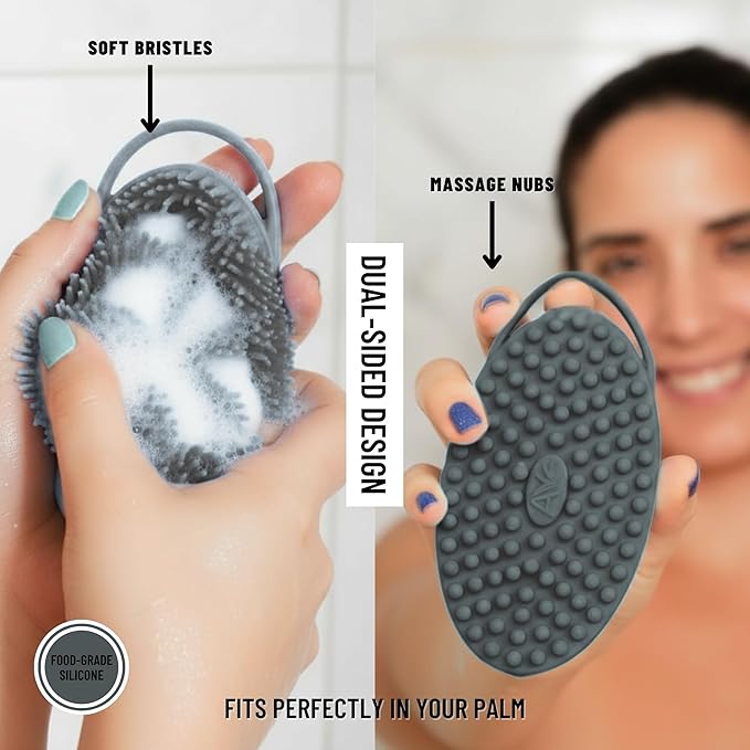 Silicone Body Scrubber for Shower - Gentle Exfoliating Back Scrubber with Soft Bristles - Avilana Premium Dual Sided Bath Brush Massage - Loofah Alternative for Sensitive Skin - Gift Women Men