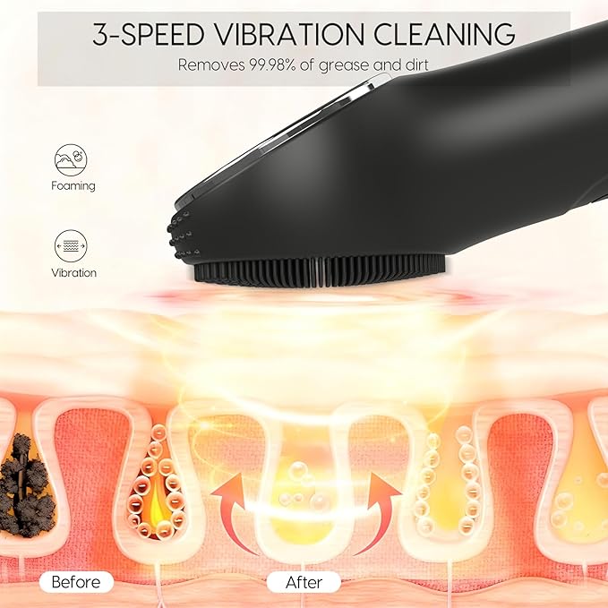 Silicone Facial Cleansing Brush, Portable Electric Face Scrubber with Heat and Vibration, 3 Modes Adjustable, Waterproof IPX6, USB-C Rechargeable, Deep Cleansing, Exfoliating and Massage（Black）
