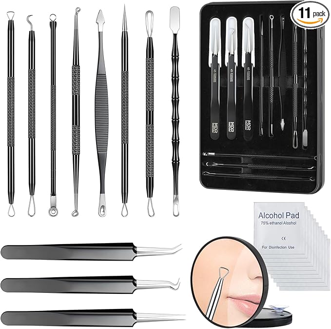 11PCS Blackhead Remover Comedone Extrator Kit, Pimple Extractor Acne Removal Tool Kit, Curved Blackhead Tweezers Kit, Comes with Alcohol Tablets and Magnifying Glasses for Blemish Removal (Iron Box)