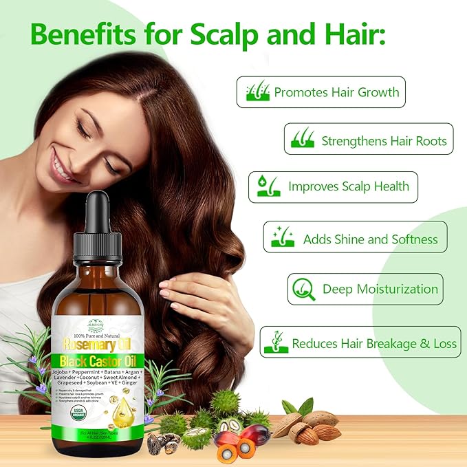 Organic Rosemary Oil for Hair Growth, Rosemary Oils with Castor – USDA Certified Cold Pressed Blend Hair Oil for Thicker, Fuller Hair, Soothe Itchy Scalp & Repair Damaged Hair – 4 FL OZ