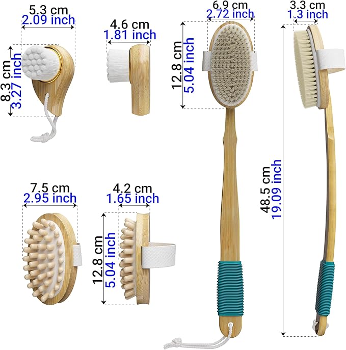 Readaeer Bamboo Bath Brush Set, Long Handles with 2 Removable Brush Heads, Bristle Bristles/Wood Massage Particles, Fine Soft Brush, 3 Brush Heads