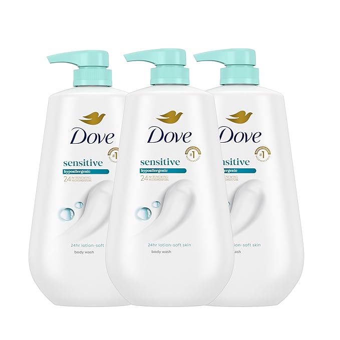 Dove Body Wash 3 Count Sensitive Skin For 24hr Lotion-Soft Skin Moisturizing Skin Cleanser Gentle Hypoallergenic Formula with No Sulfates No Parabens