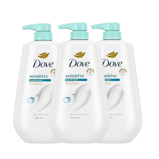 Dove Body Wash 3 Count Sensitive Skin For 24hr Lotion-Soft Skin Moisturizing Skin Cleanser Gentle Hypoallergenic Formula with No Sulfates No Parabens