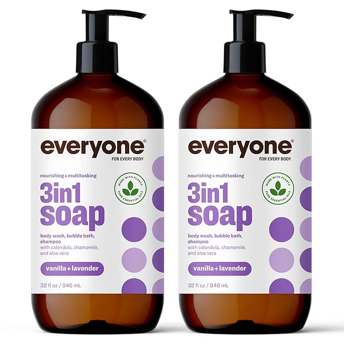 Everyone 3-in-1 Soap, Body Wash, Bubble Bath, Shampoo, 32 Ounce (Pack of 2), Vanilla and Lavender, made with Essential Oils for Men and Women