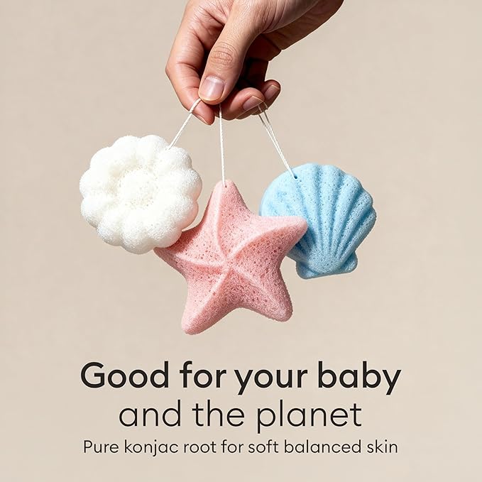 Vove Organic Konjac Baby Bath Sponges 3-Pack - Safe Natural Bath Sponges for Newborns Infants & Toddlers, Cute Ocean Shapes, Plant-Based Baby Bathing, Certified Organic