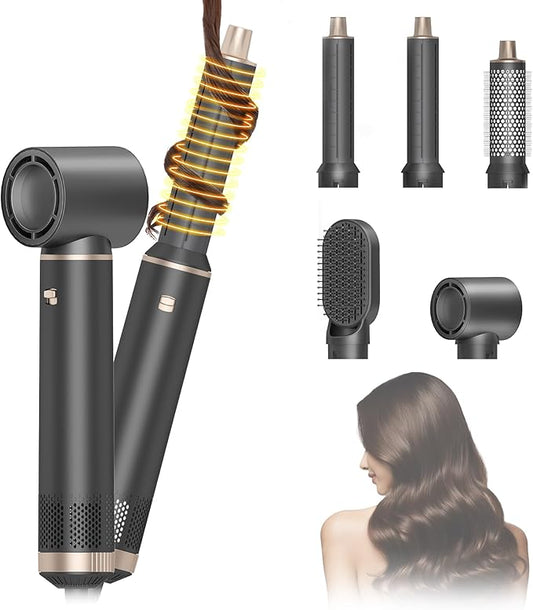 5 in 1 Hot Air Brush - Blow Dryer Brush & Air Curling Wrap Styler with Negative Ion Technology, Hair Dryer Brush for Drying, Curling, Straightening & Styling, Holiday Gift for Women (Grey)