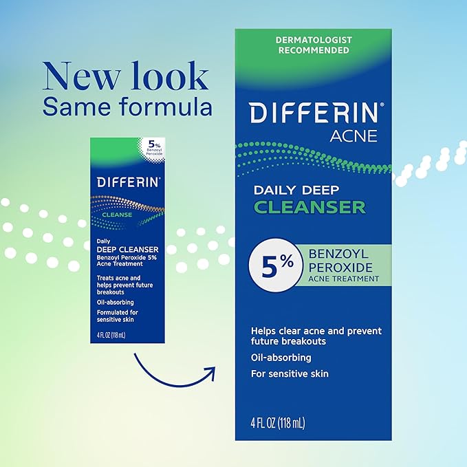 Differin Acne Face Wash with 5% Benzoyl Peroxide, Daily Deep Cleanser by the makers of Differin Gel, Gentle Skin Care for Acne Prone Sensitive Skin, 4 oz (Packaging May Vary)
