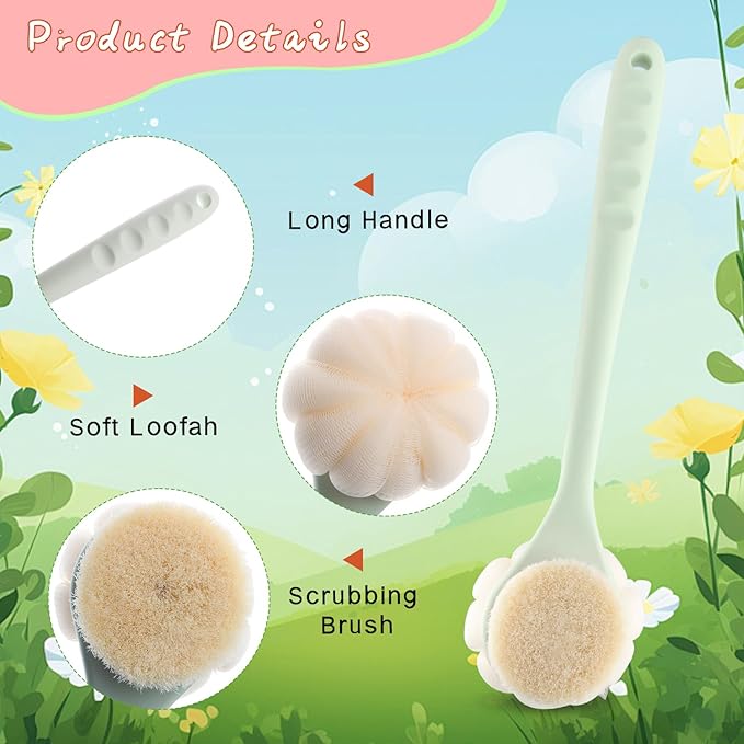 2 Pcs Body Shower Brush Long Handle Back Scrubber Brush with Bristles and Loofah Mesh Sponge for Skin Exfoliating Bath Wet Dry Massage Brushing - Green