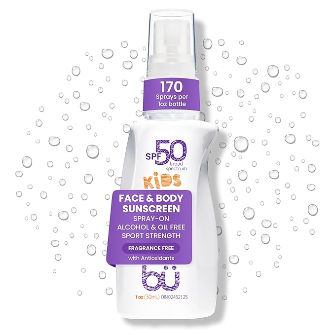 BU SPF 50 Kids Sunscreen Spray for Face and Body, Non Aerosol Spray, TSA Travel Size Sunscreen, Clear, Non Greasy, Water Resistant, Oil Free, Fragrance Free 1 oz