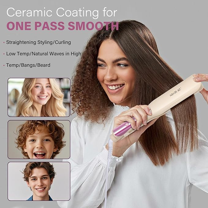 Hair Straightener,1.5” Flat Iron and Curler 2 in 1,Ceramic Coating,Quick Heat Up, 4 Temp. Options, for All Hair Type,Less Frizz, Shinier and Smoother,Dual Voltage for Travel (Cream)