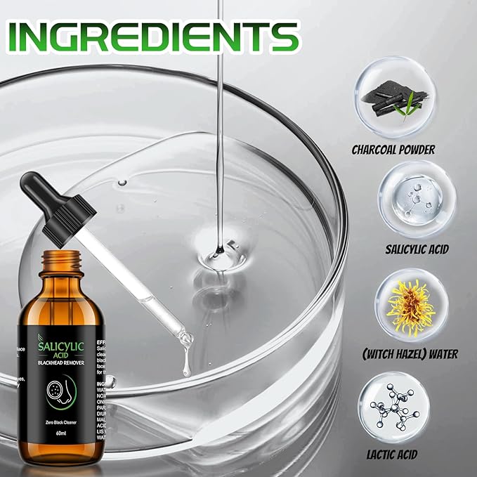 Salicylic Acid Serum, 60ml Blackhead Remover Essence and 25 Pcs Nose Pore Strips, Deep Cleansing Dirts, Pores, Skin Oil, Purifying Peeling, Black White Head Acne Removal for All Skin Type