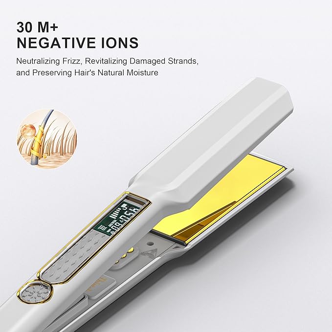 Thirtek Professional Hair Straightener,1.5 inch Ceramic & Titanium Flat Iron,15 Adjustable Temperature Levels,LCD Display, 25s Quick Heat Up,Styling Tools for Thick Hair,Dual Voltage,White&Gold