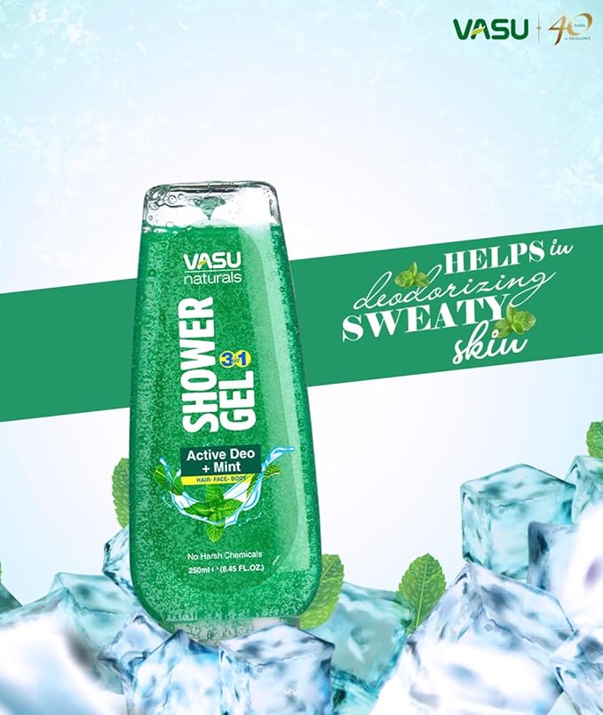 Vasu Naturals Mint Body Wash for Men & Women – Cooling Shower Gel with Menthol & Natural Mint, Hydrating Body Soap, Deep Moisturizing Formula, Paraben-Free Bath Wash – 8.45 fl oz Each (Pack of 2)