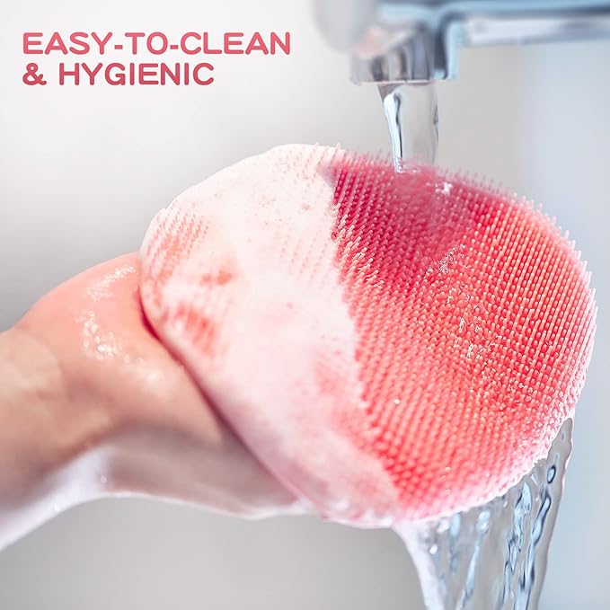 Manmihealth Silicone Back Scrubber(Thick Bristles) & Soft Bath Glove Set, Super-Exfoliating Body Scrubber & Super-Lathering Shower Brush Combination, with a Free Hook.(Pink)