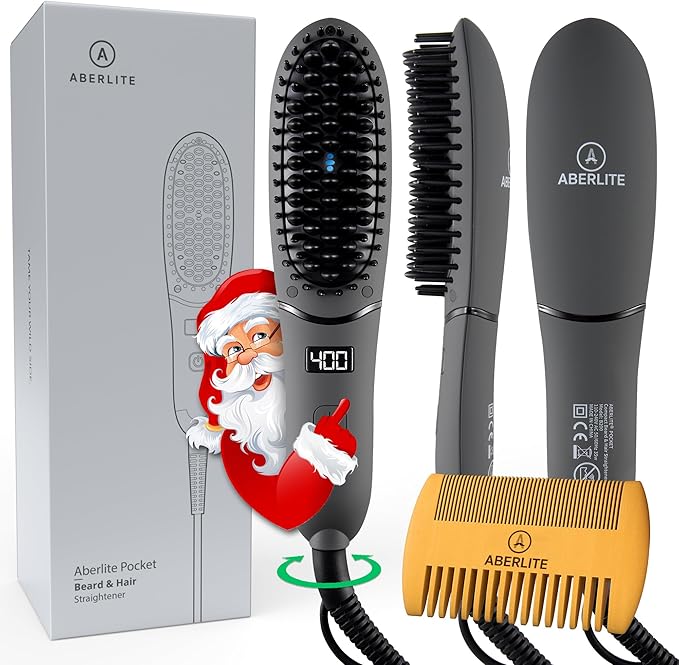 Aberlite Pocket - Compact Beard Straightener for Men - Ionic & Anti-Scald Technology - Beard Straightening Heat Brush Comb Ionic - for Home and Travel