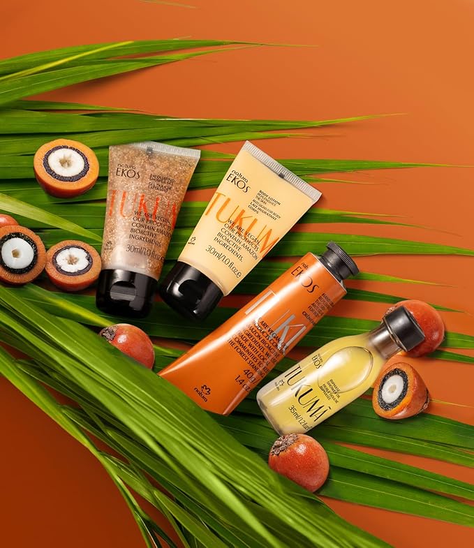 natura – Tukumã Hyaluronic Acid Boosting Brazilian Set (4 Travel Size Products) - Exfoliating Shower Gel, Biphase Shower Oil, Body Lotion and Hand Cream- Anti-Aging - Vegan Skin Care