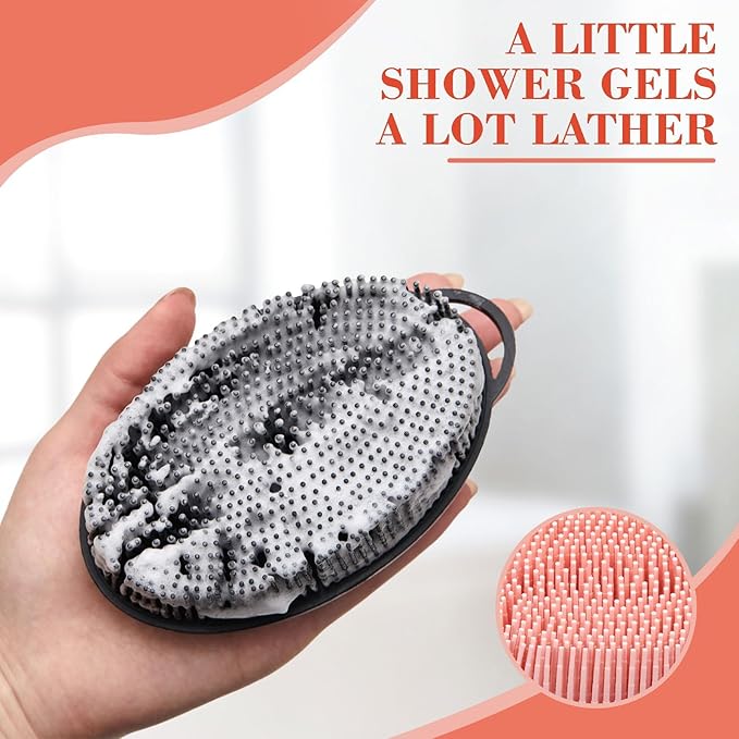 2 Pack Zinc Infused Silicone Body Scrubber for Shower, 2 in 1 Loofah Brush with Massage Nodes for Body Exfoliator, Hygienic, Blood Circulation, Black and Pink