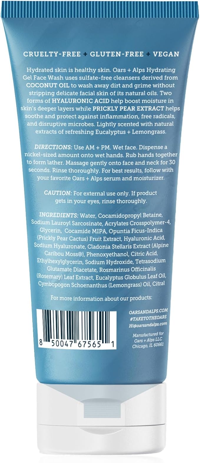 Oars + Alps Hydrating Gel Face Wash, Daily Gentle Face Cleanser with Prickly Pear Extract & Hyaluronic Acid, Hydrating & Moisturizing, Sulfate- Free, Paraben-Free, 5oz