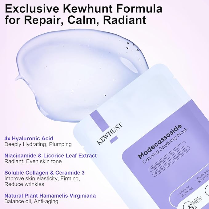 Madecassoside Sheet Mask Blemish Repair, Collagen Face Mask- Hyaluronic Acid, Niacinamide, Panthenol, Centella Facial Masks for Sooth, Hydration, Firming, Korean Skin Care, Stocking Stuffers 10ea