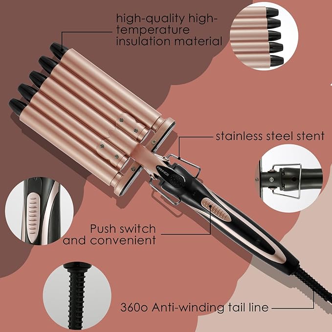 5 Barrel Hair Crimpers and Wavers, Fast Heat 15mm Portable Wand for Long Hair, Adjustable Two-Gear Temperature Wavy Curler (Gold)