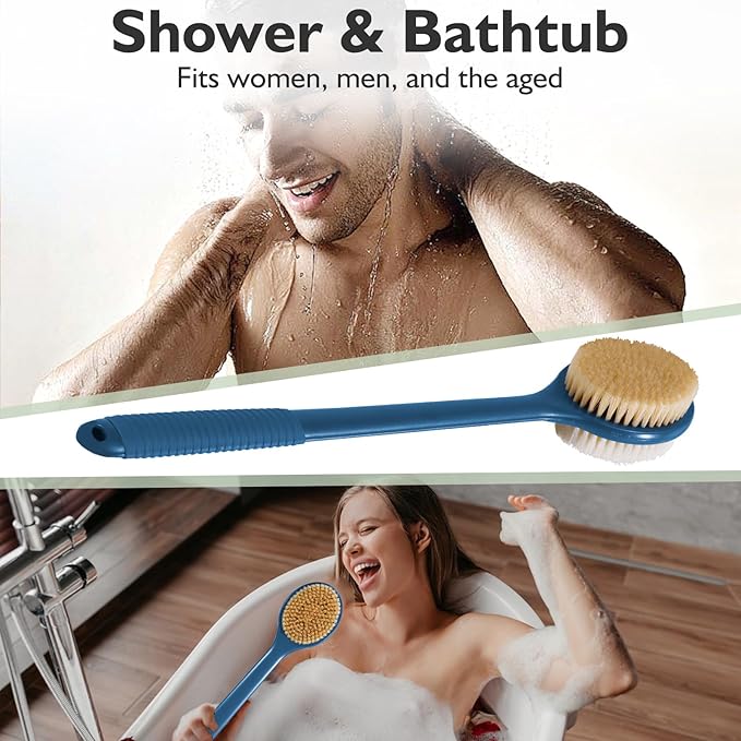 VANZAVANZU 17 Inch Anti-Slip Long Handle Back Scrubber for Shower – Dual-Sided Shower Brush and Shower Back Scrubber with Soft and Stiff Bristles for Wet or Dry Brushing (Navy Blue)