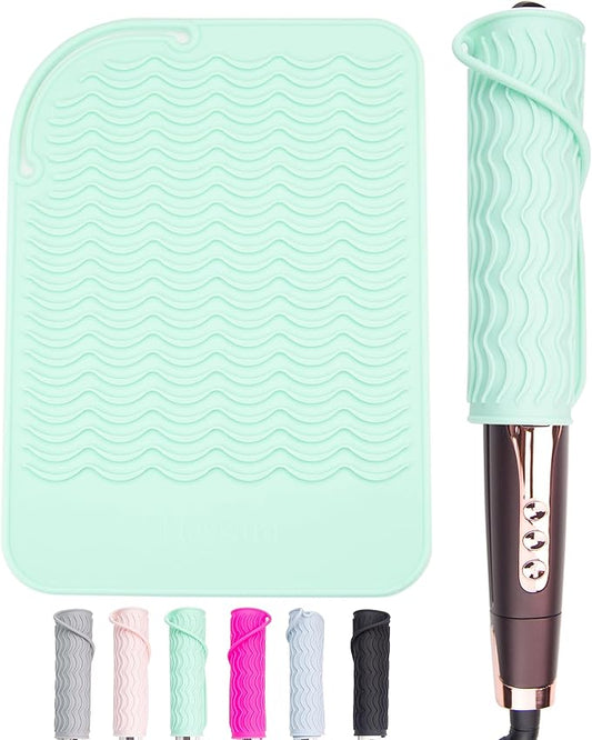 Heysam Hair Styling Tools Travel Storage Pad and Heat Resistant Mat for Curling Iron,Food Grade Silicone Trivets:Professional Heat Insulation/Anti-Slip,450°F Protection,Size (9"x6.5")-Green