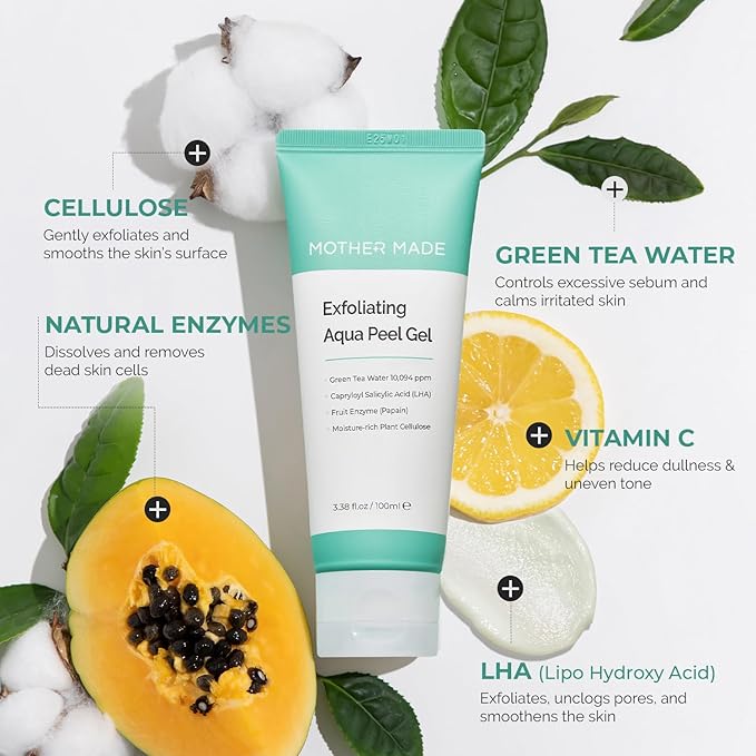 MOTHER MADE LHA Green Tea Exfoliating Aqua Peel Gel, Deep Pore Face Exfoliant, Gentle Facial Exfoliator, Dead Skin Remover, Natural Cellulose for Peeling, Vegan, Korean Skincare (100ml / 3.38 fl.oz)