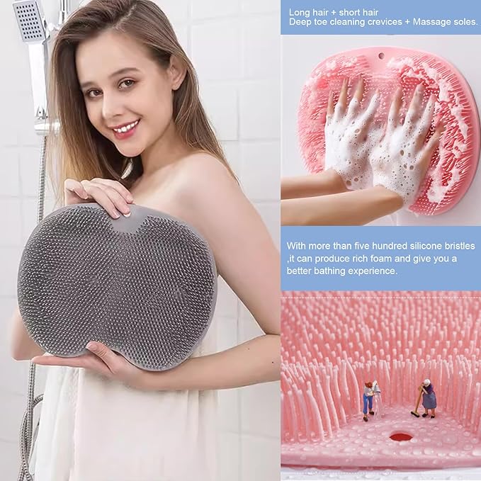 1 Pcs Shower Back & Foot Scrubber, Wall Mounted Back Scrubber Silicone Bath Massage Cushion Brush with Suction Cups, Bathroom Wash Mat Exfoliating Dead Skin Brush (L-Grey)