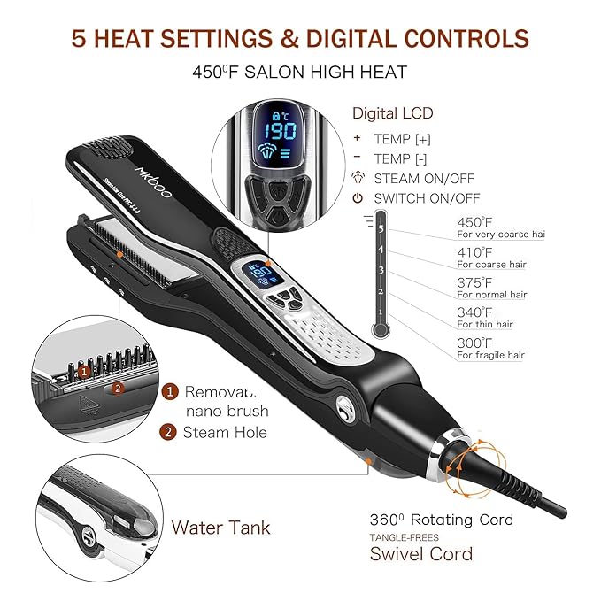MKBOO Hair Straightener with Steam, Salon Professional Nano Titanium Ceramic Steam Flat Iron with Removable Comb+Digital LCD+5 Level Adjustable Temperature+Auto Temperature Lock Black