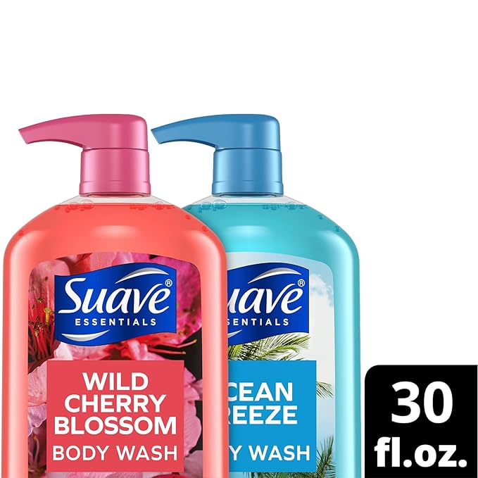Suave Body Wash Variety Bundle – Ocean Breeze 2-Pack & Wild Cherry Blossom, Gentle & Moisturizing Body Washes with Vitamin E, 30 Oz Ea (3 Piece Set)