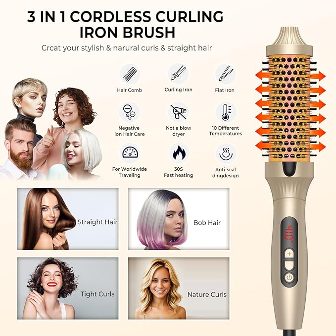 1.5 in Thermal Brush, Curling Iron Heated Round Curling Volumizing, The Ceramic Barrel Heats up 30S, LCD Display 10 Temperatures frizz-Free Curls The Ionic
