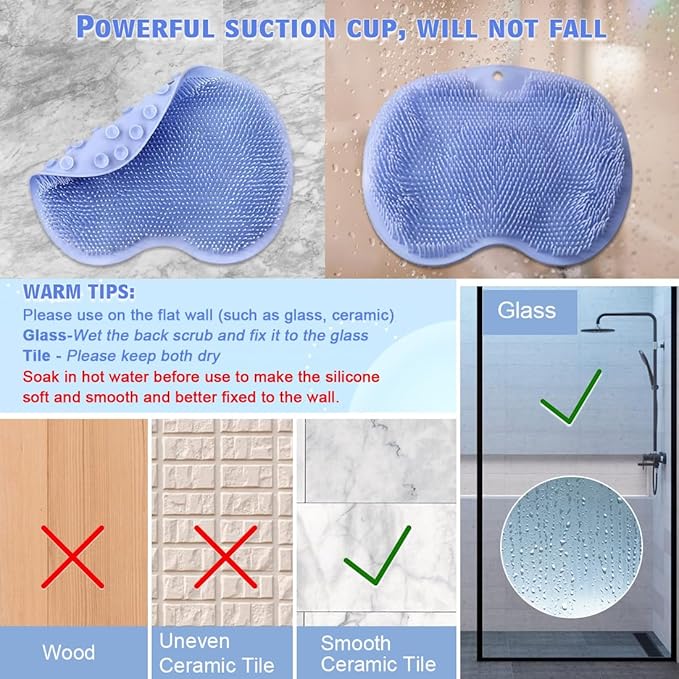 1 Pcs Shower Back & Foot Scrubber,Wall Mounted Back Scrubber Silicone Bath Massage Cushion Brush with Suction Cups,Bathroom Wash Foot Mat Exfoliating Dead Skin Foot Brush (L-Blue)
